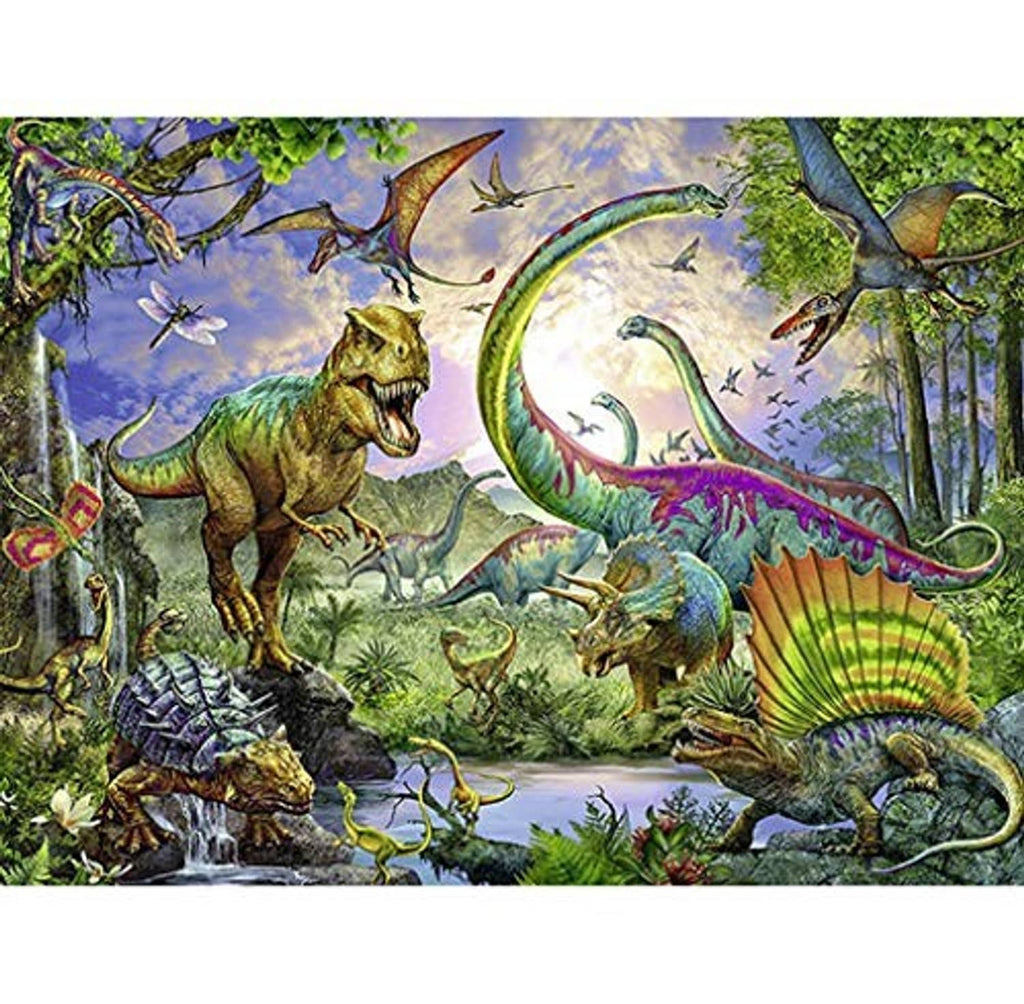 Diamond art painting canvas with a colorful dinosaur world scene, ready for resin diamonds.