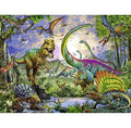 Diamond art painting canvas with a colorful dinosaur world scene, ready for resin diamonds.