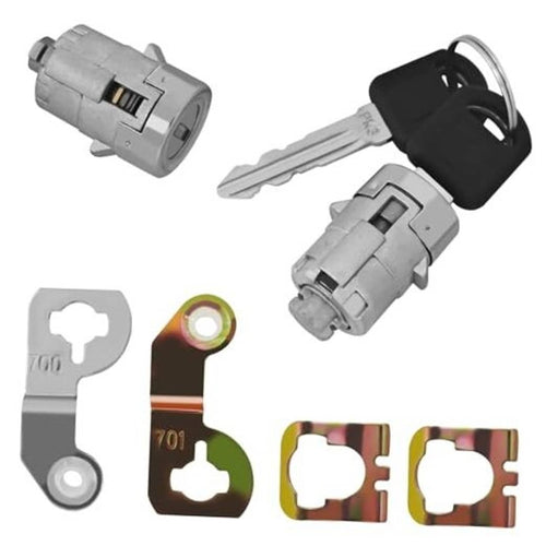 Silver door lock cylinder set with two keys and key cylinder covers