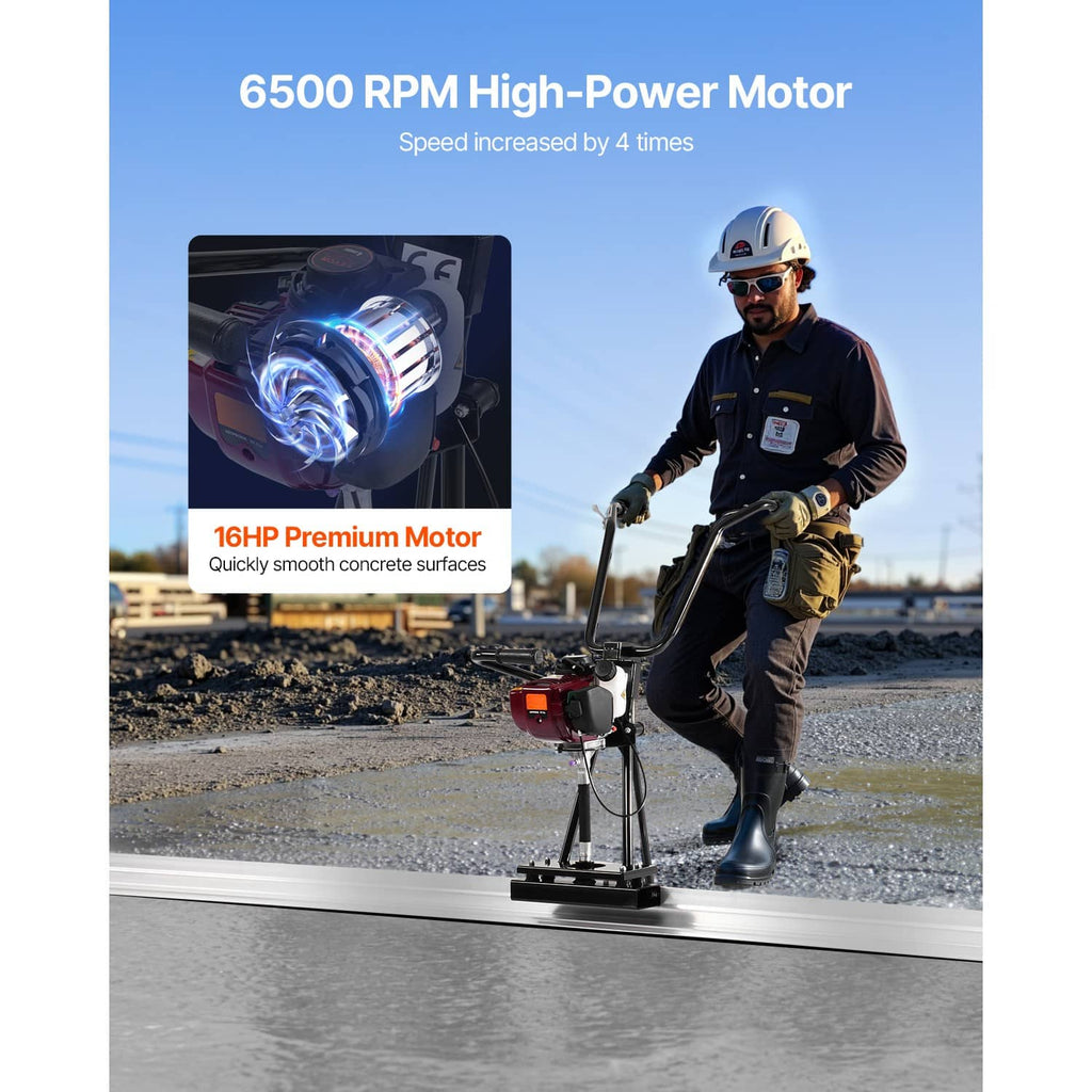 Concrete power screed with standing frame and white screed blade for surface finishing