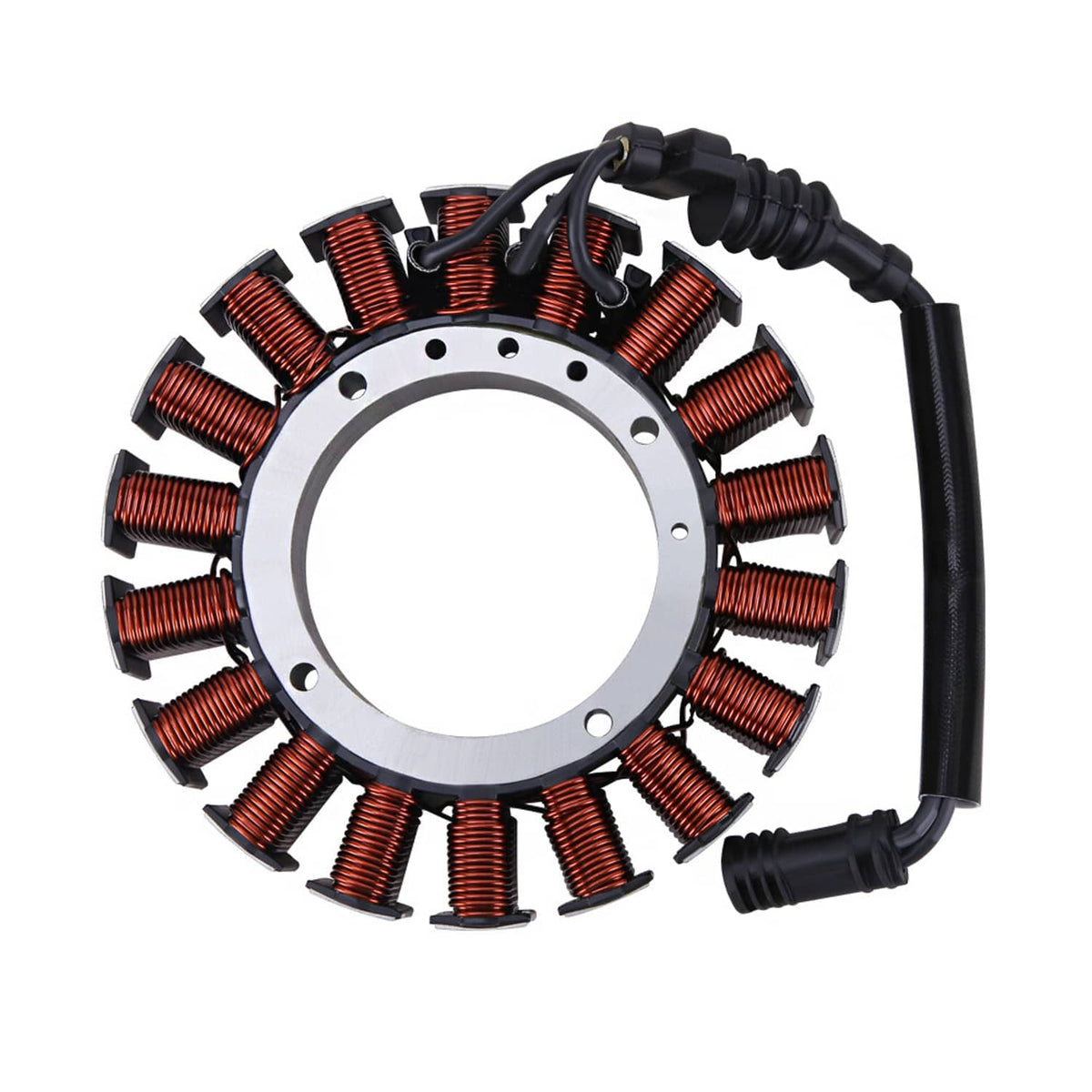Motorcycle stator with copper coils and black regulator wiring harness