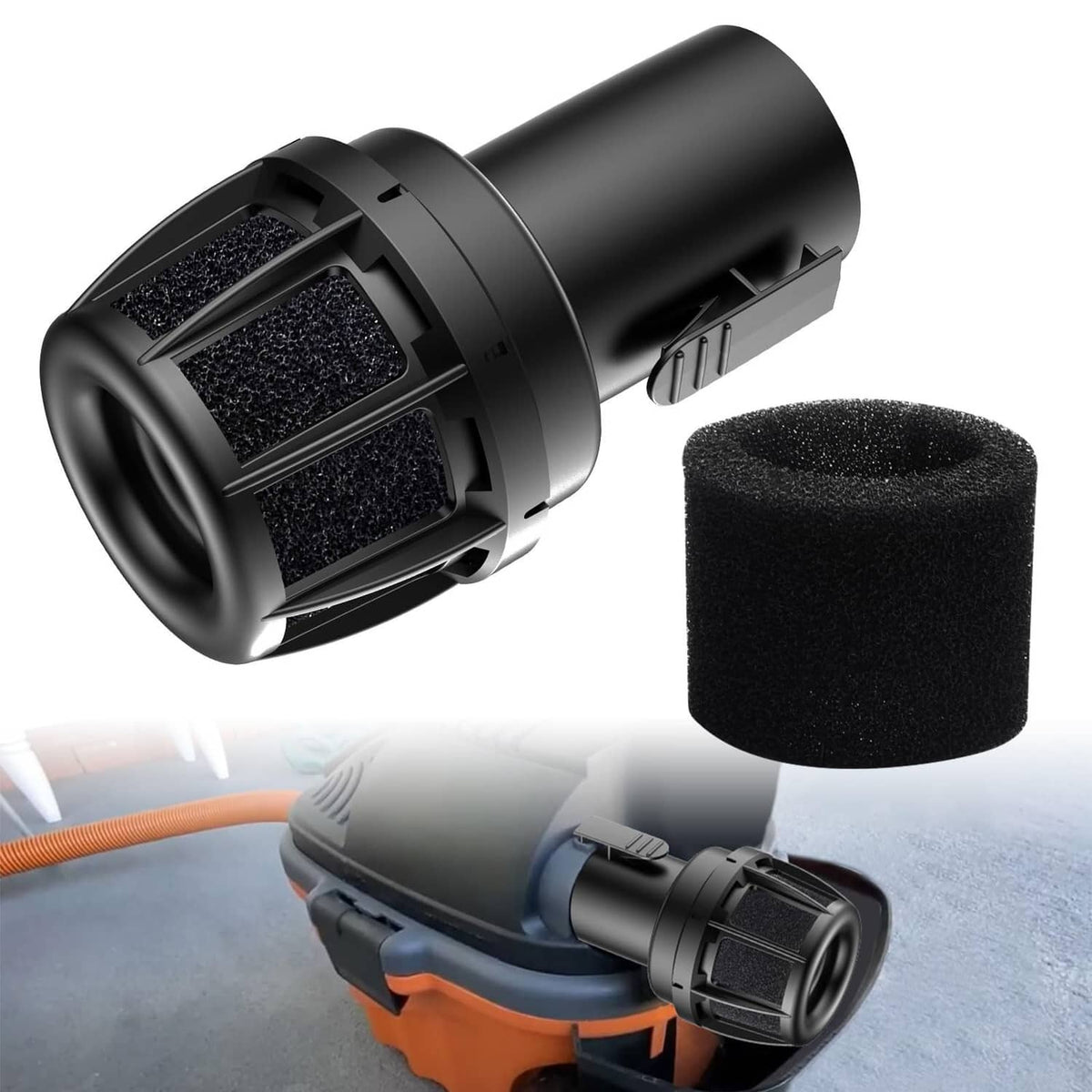 Black wet/dry vac muffler diffuser attachment with foam sleeve insert