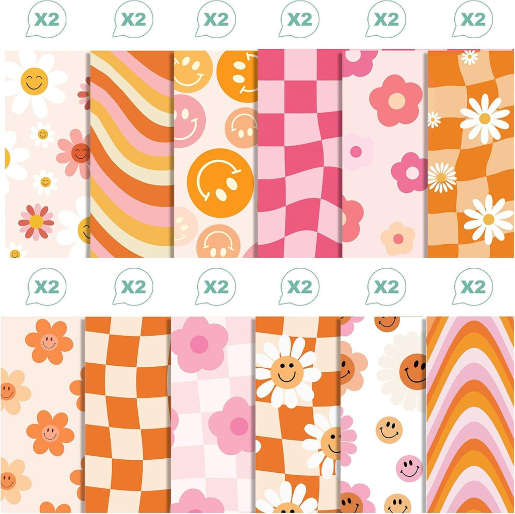 Scrapbook paper pad assorted sheets with orange, pink, stripes, checks, smiley flowers