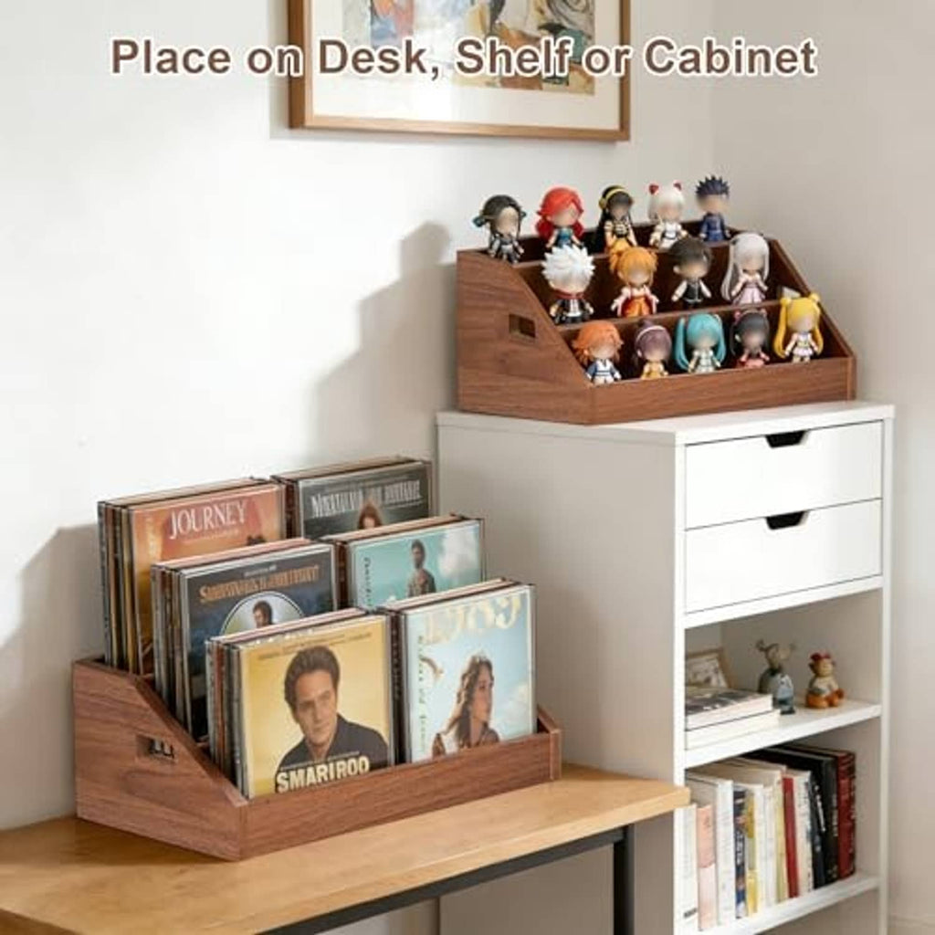 Brown wooden 3-tier disc organizer on desk shelf with open storage racks