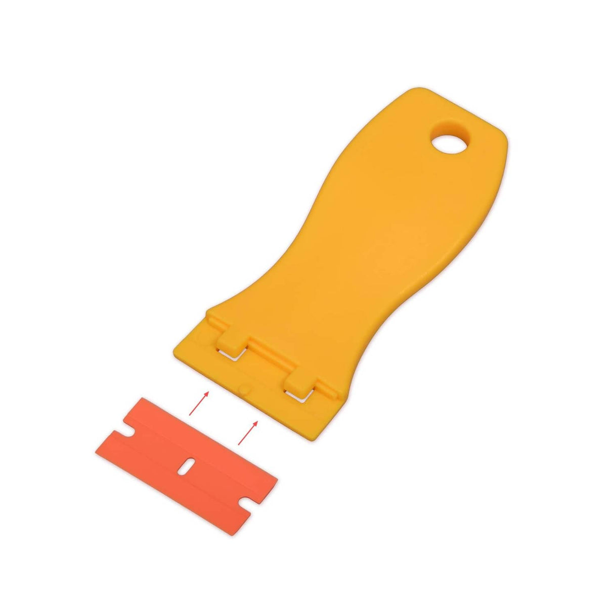 Yellow plastic scraper blade holder with replacement orange razor blade insert parts