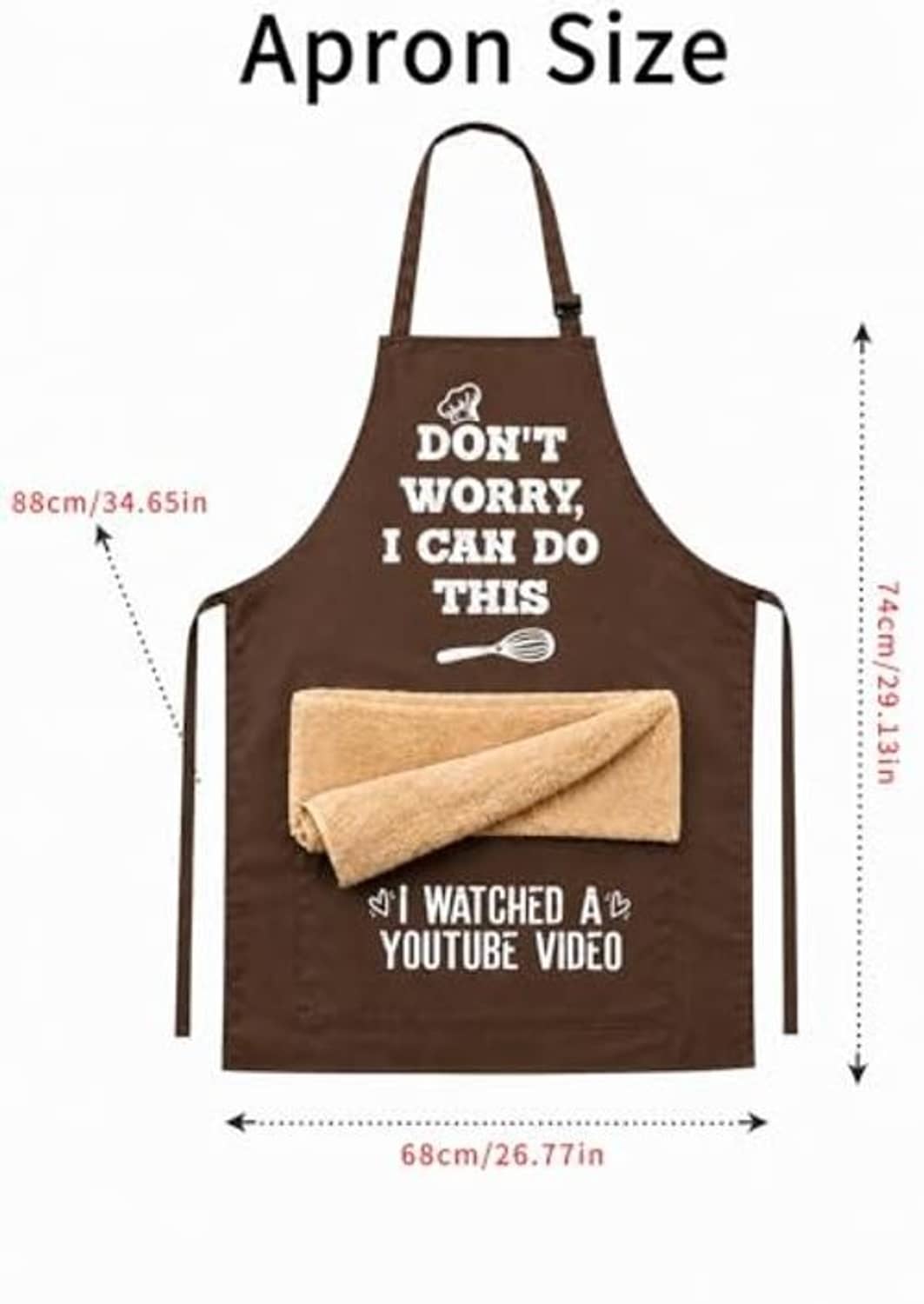 Dark brown apron with towel pocket, apron size measurement arrows shown