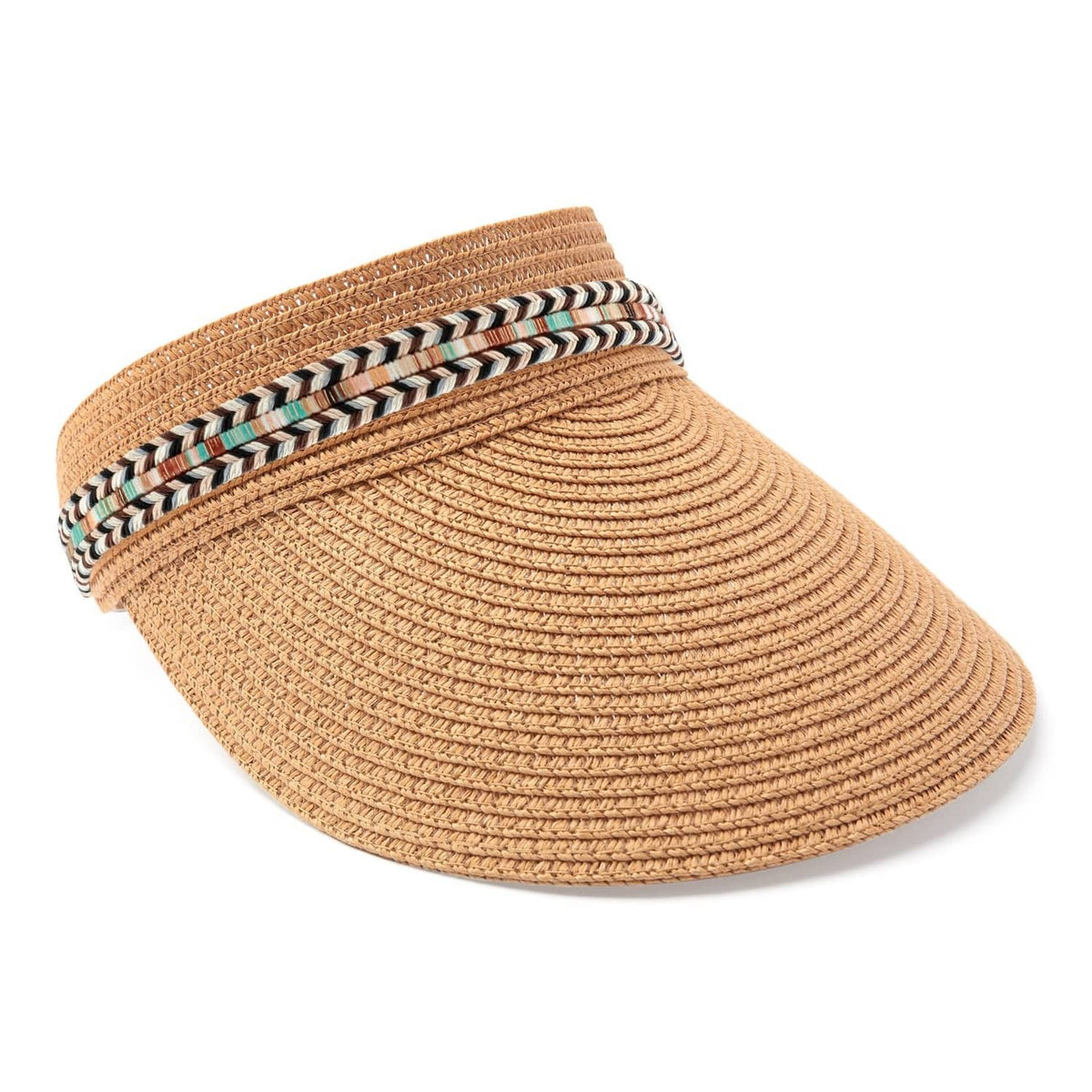 Tan visor hat with braided hat band featuring black, white, and teal stripe trim