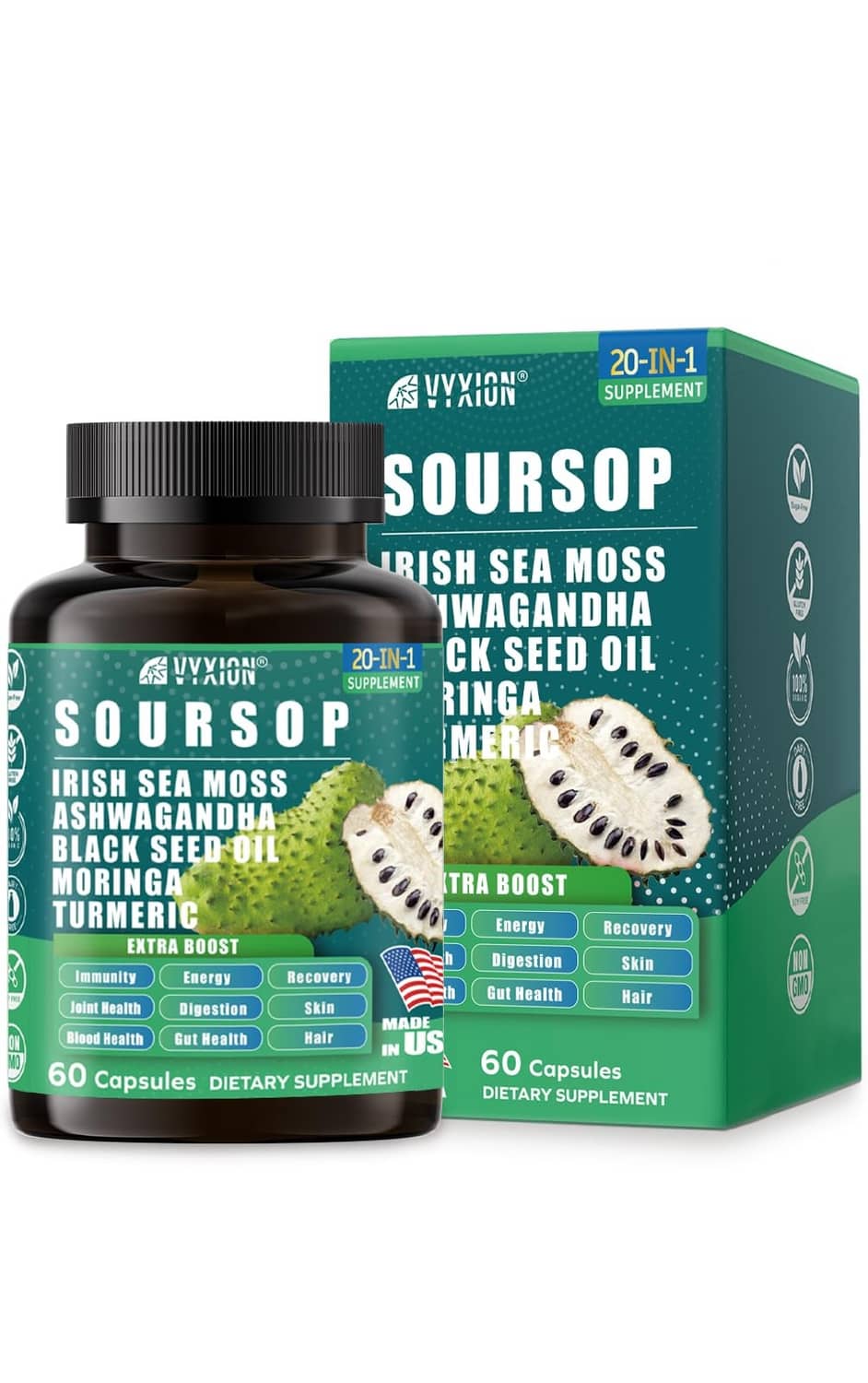 Supplement bottle with black cap and green box, 60 capsules