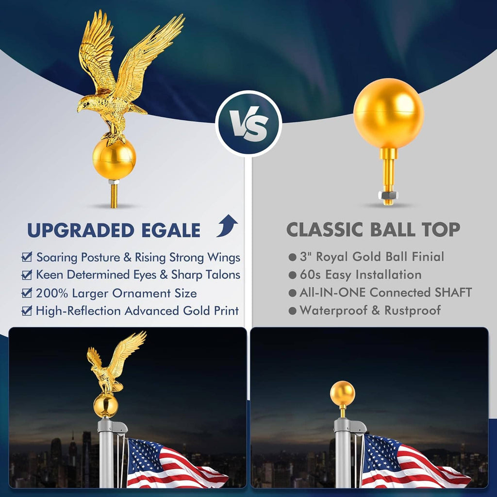 Golden eagle flagpole topper vs classic ball top comparison view