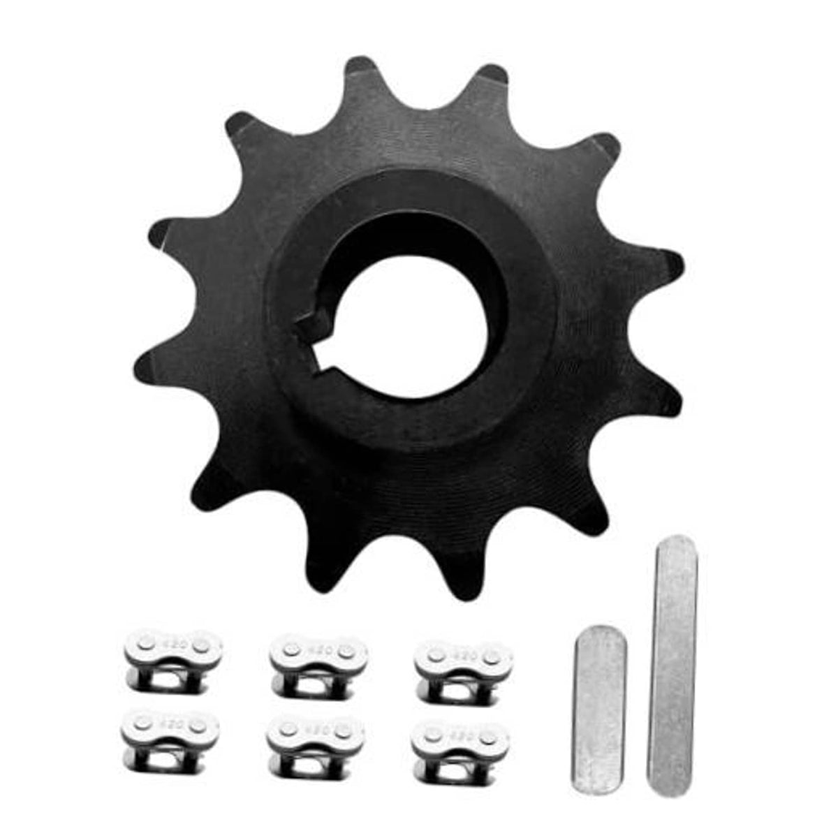 Black 12-tooth sprocket with central bore and keyway, plus two metal keys