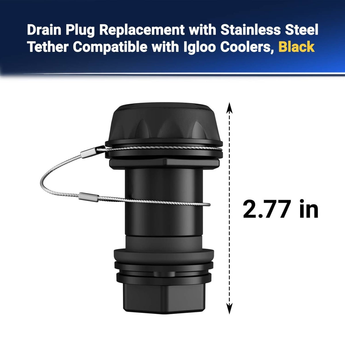 Black cooler drain plug assembly with stainless tether cable, shown with size marking