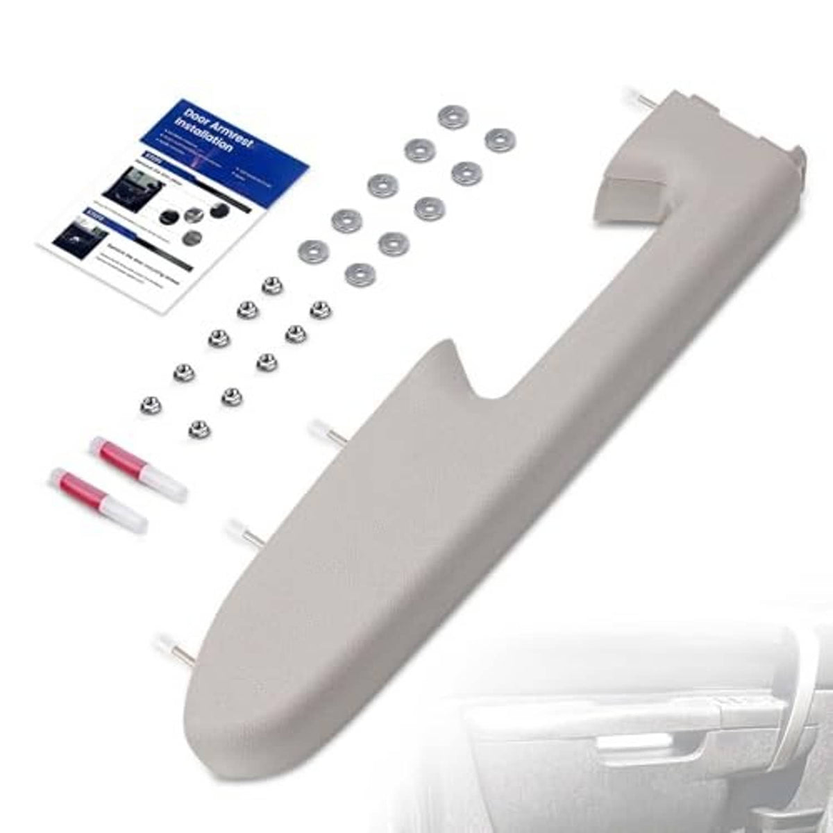 Front left gray armrest repair kit with armrest piece, bolts, and installation parts