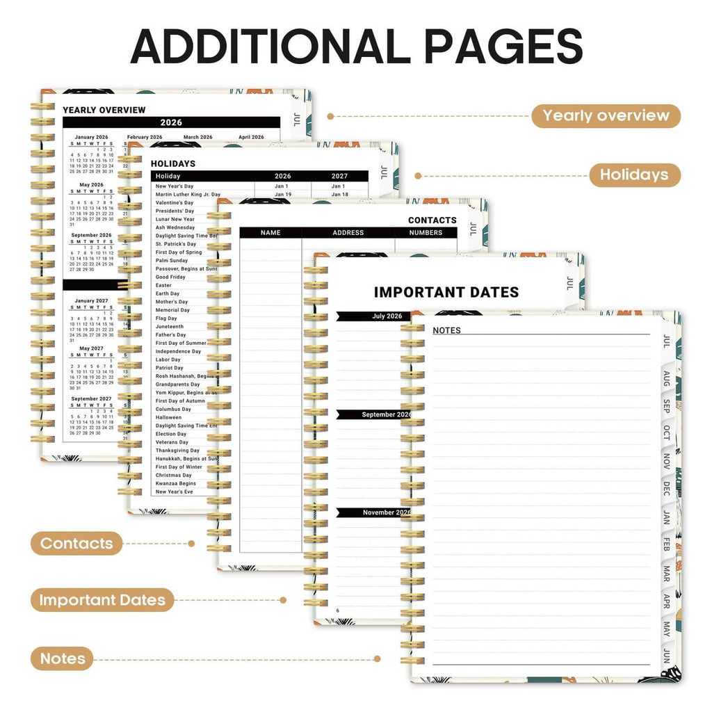 Academic planner additional pages with yearly overview, contacts, and important dates