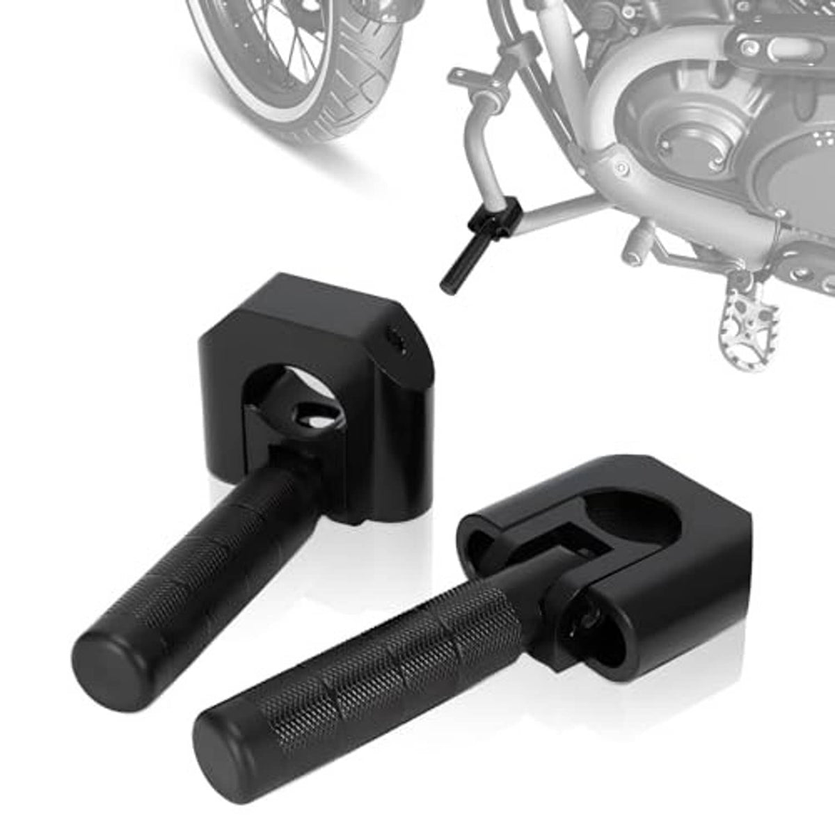 Pair of black textured adventure footpegs with angled mounting blocks
