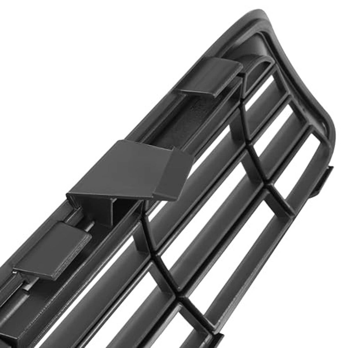 Close-up black grille corner with surrounding frame and mesh grid