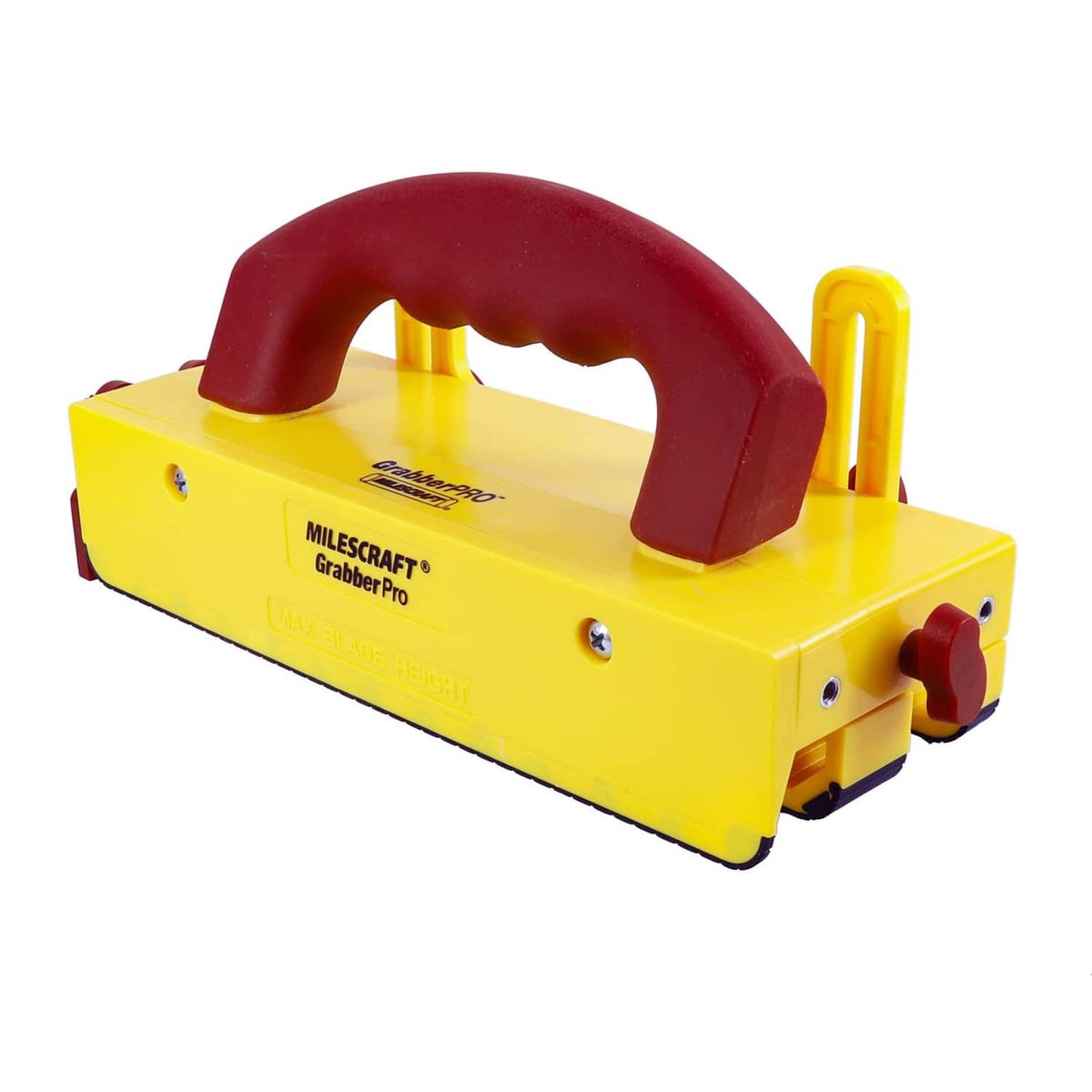 Yellow push block with maroon U-grip handle and side clamp knobs
