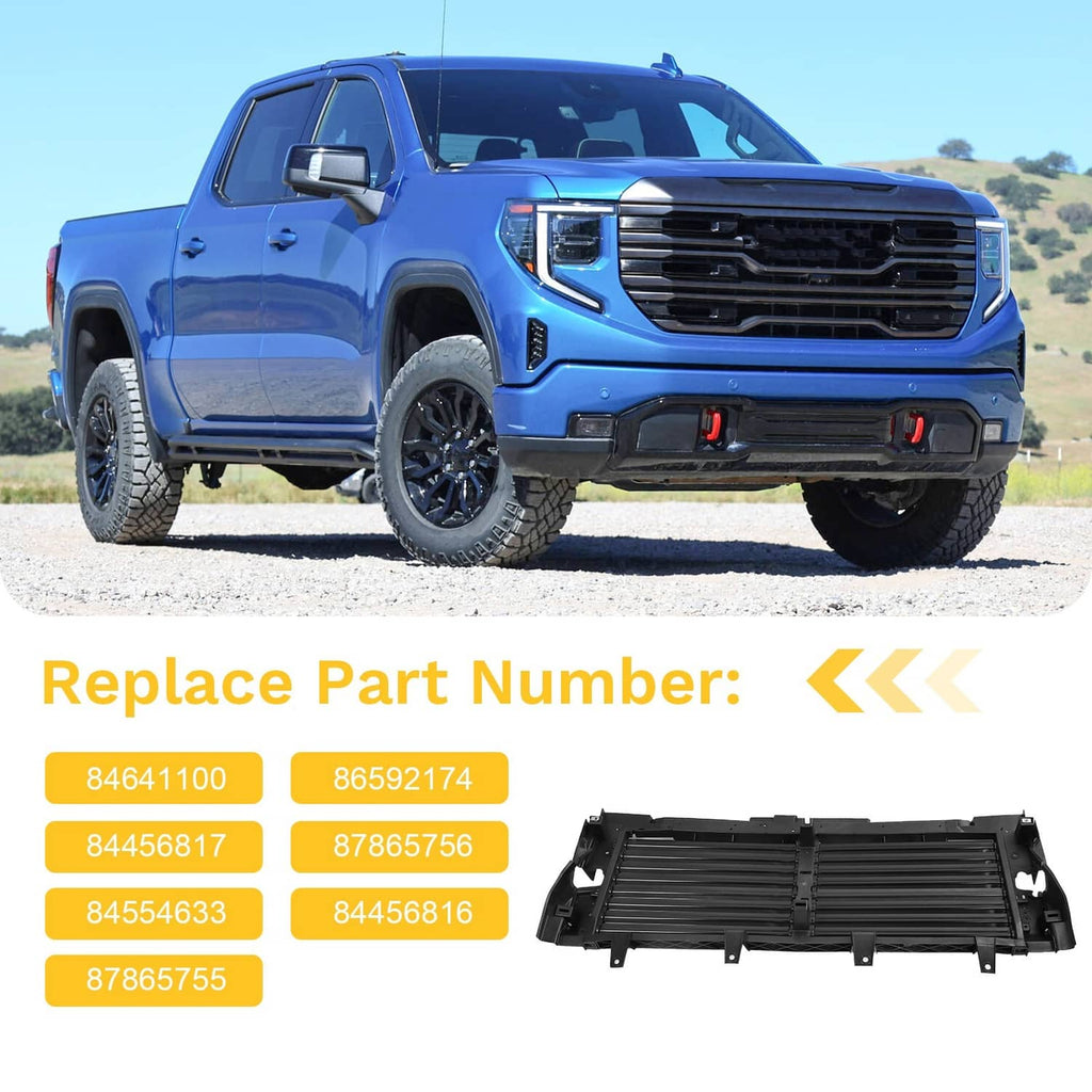 Front grille shutter installed on a blue pickup, black horizontal slat grille