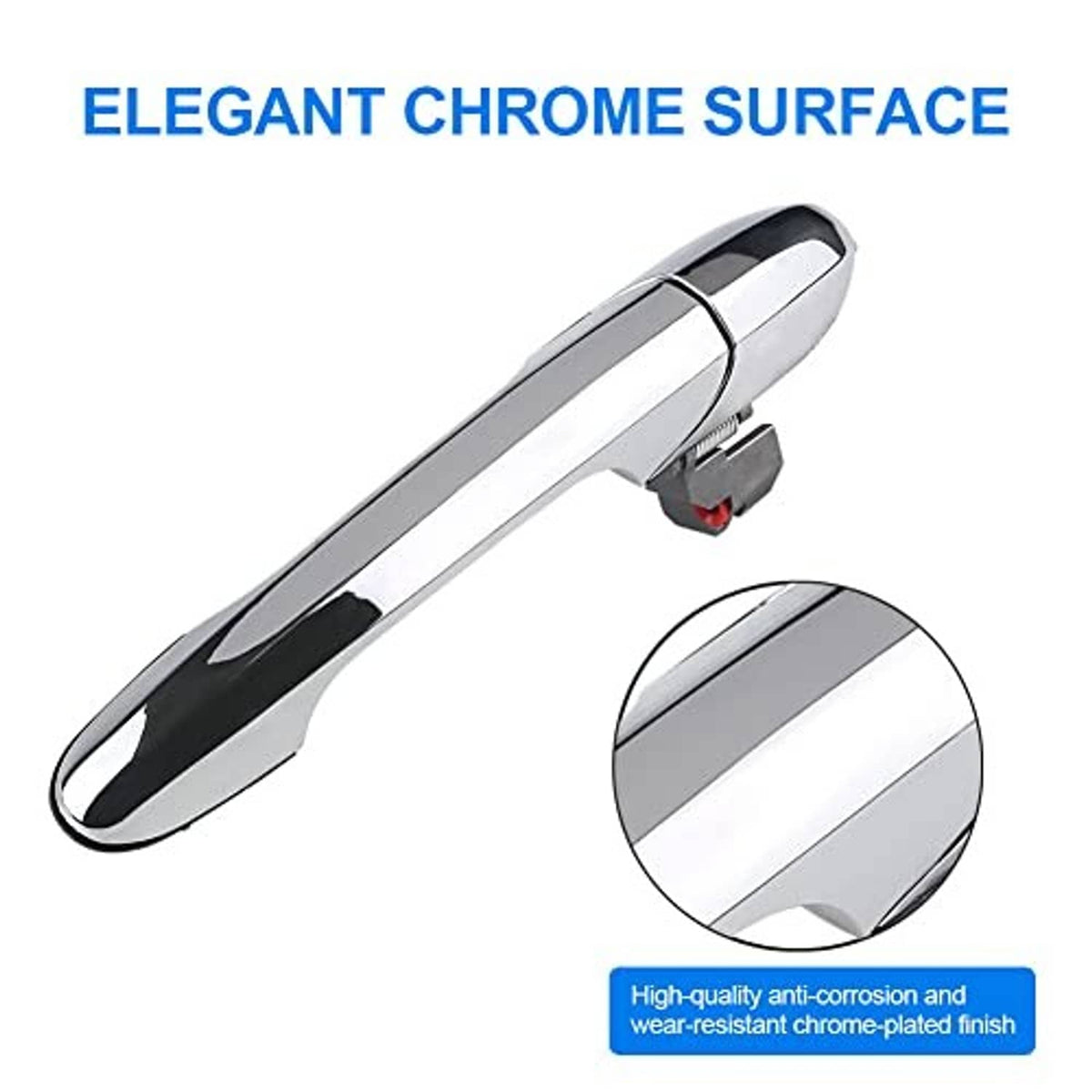 Chrome exterior door handle with smooth reflective finish and mounting bracket