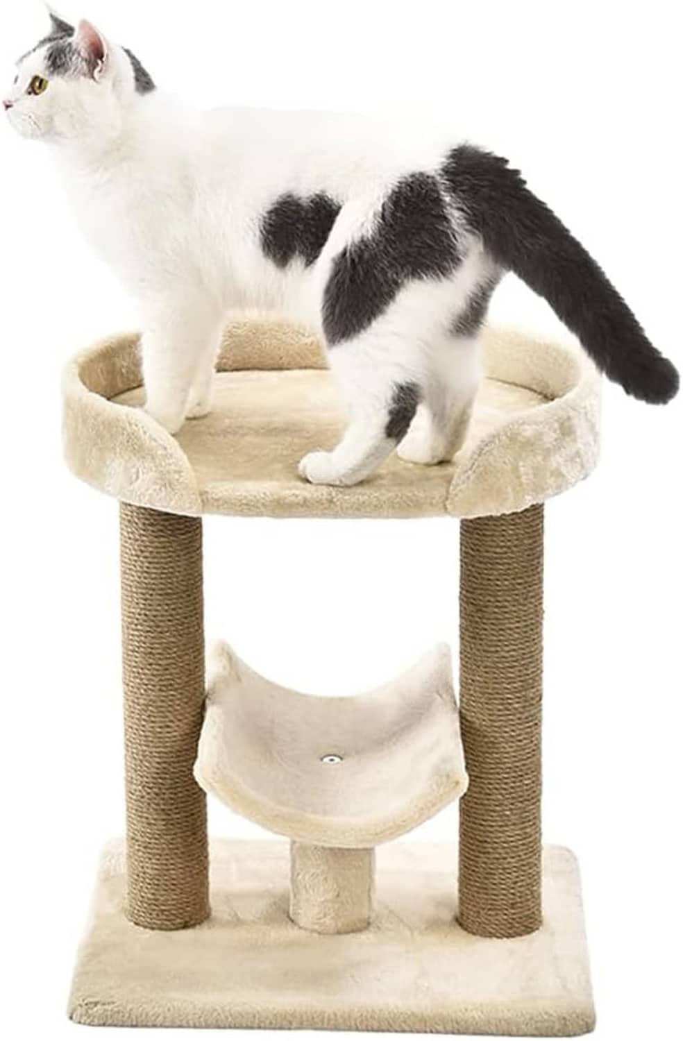 Multi-level cat tree with top round bed, bottom base, and cream hanging hammock