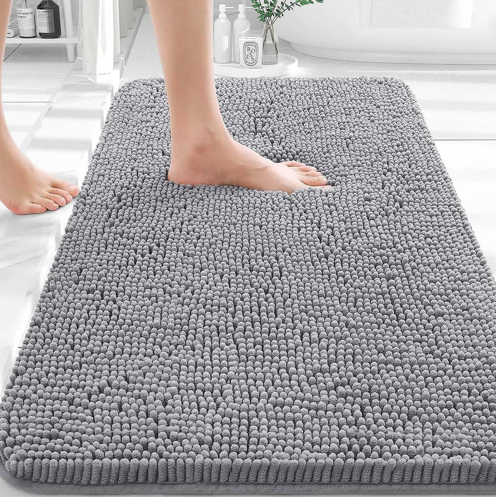 Grey chenille bathroom rug with dense pebble-like pile