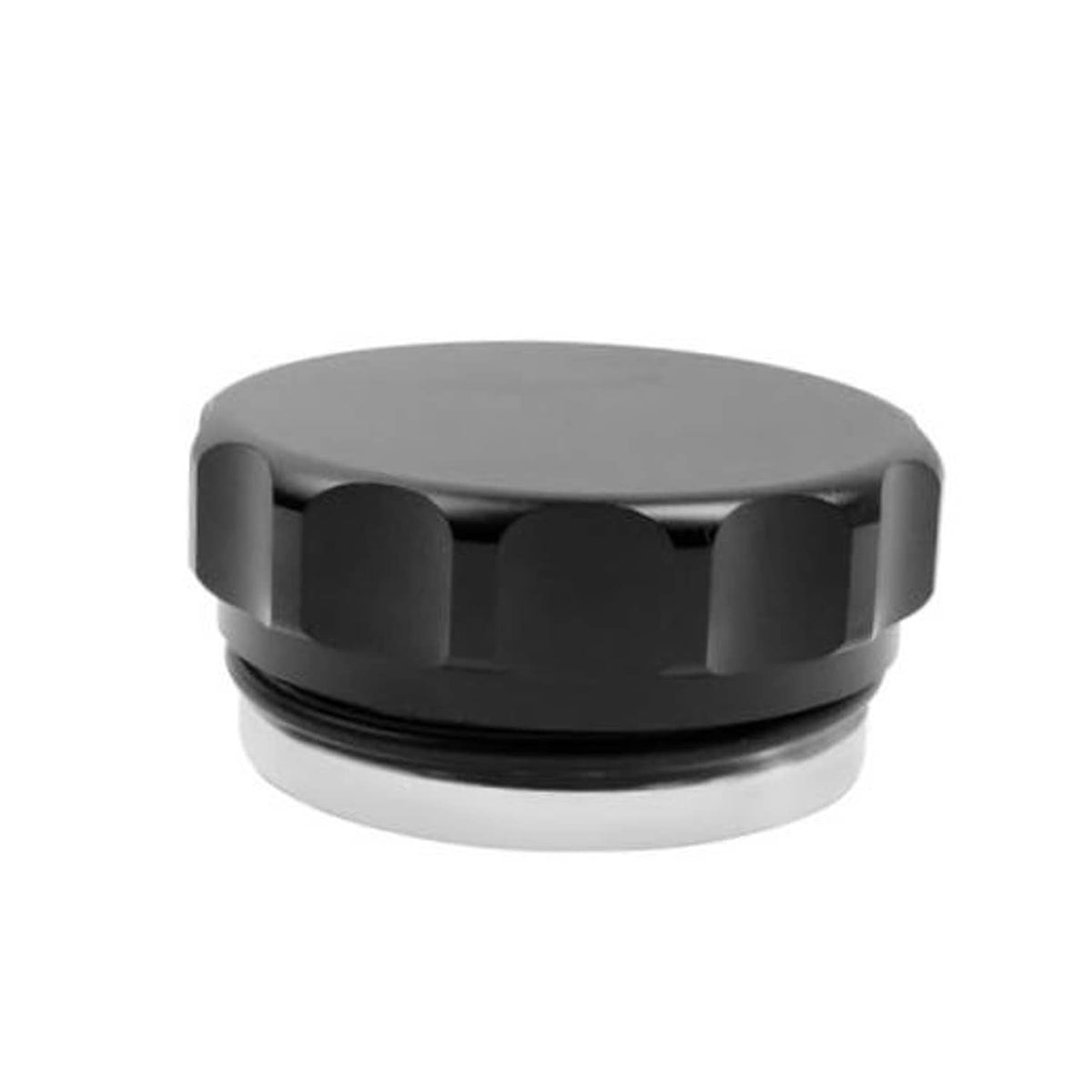 2.5 in filler neck cap with black ridged top and silver sealing ring