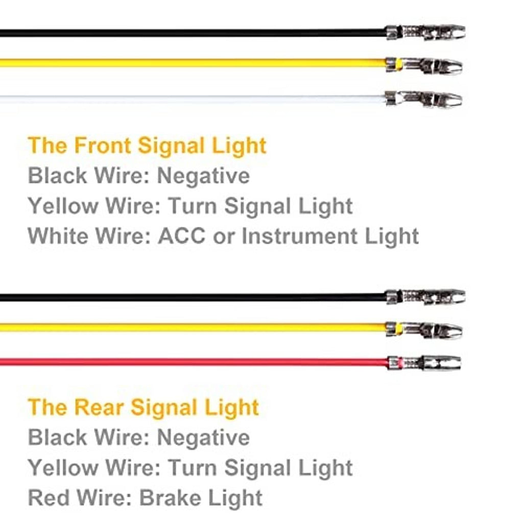 LED turn signal light wiring with multiple leads and front/rear connector ends
