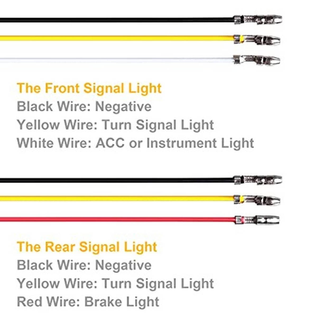 LED turn signal light wiring with multiple leads and front/rear connector ends