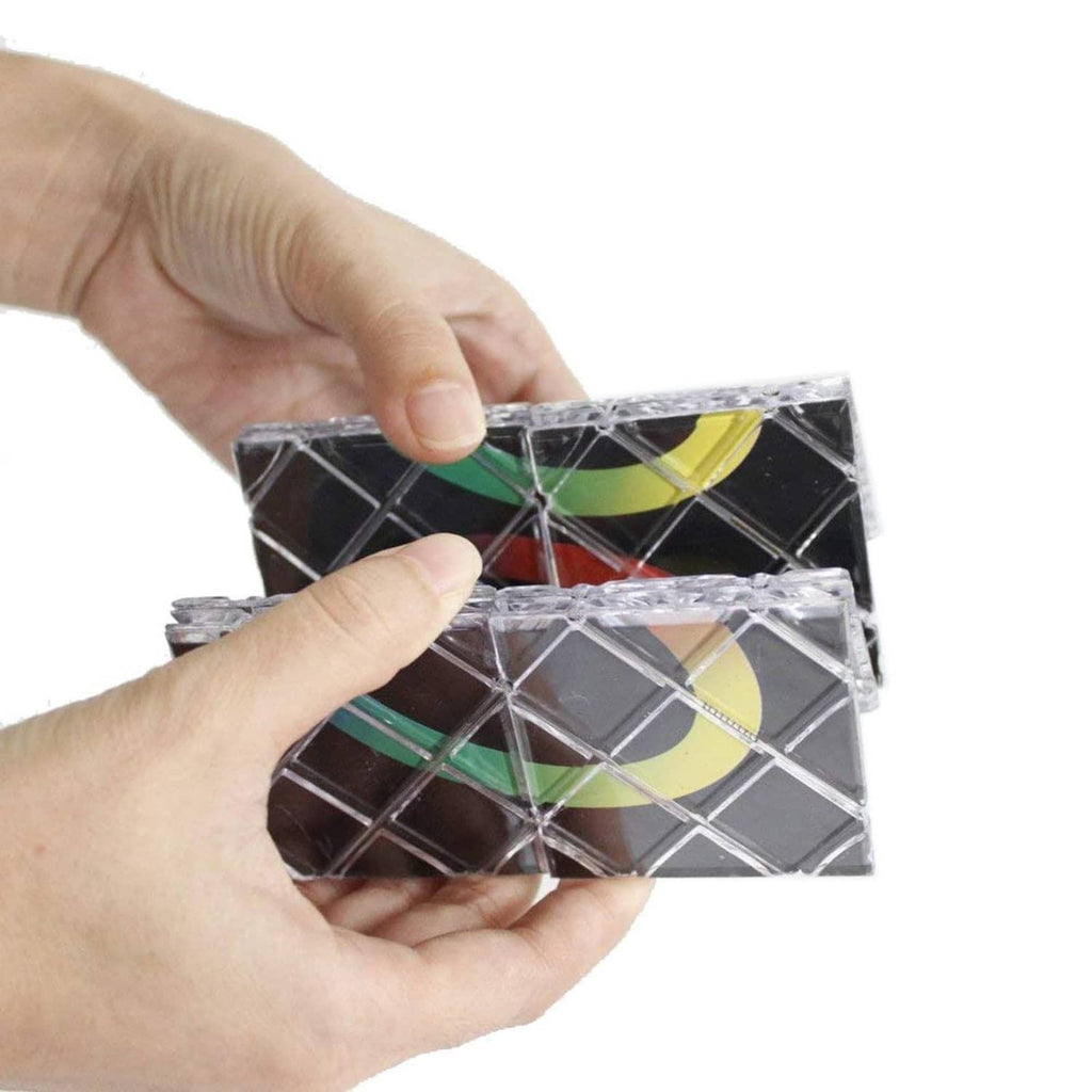 Twisty folding puzzle board, hands holding black grid with colorful ring segments
