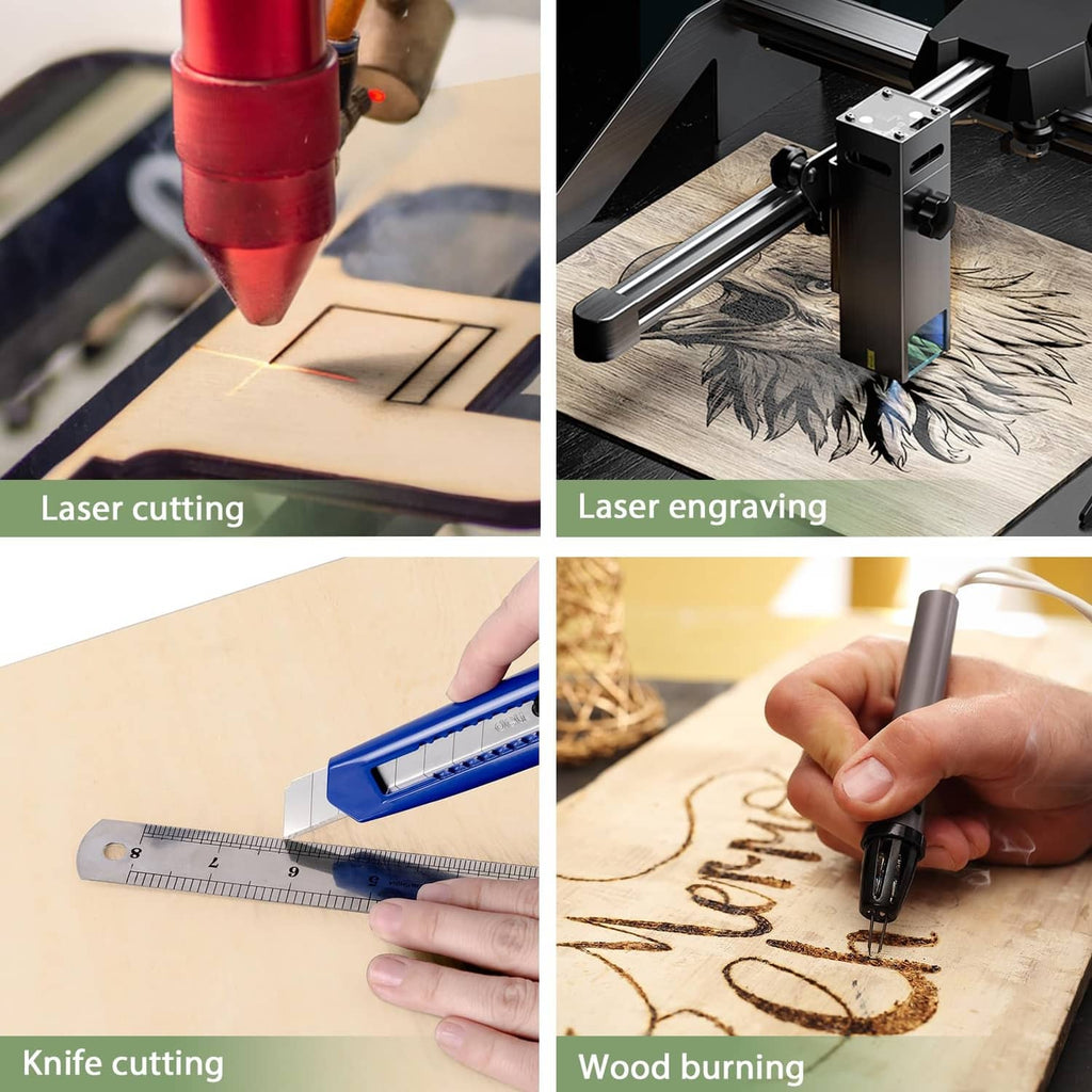 Basswood sheet techniques shown: laser cutting, engraving, knife cutting, wood burning