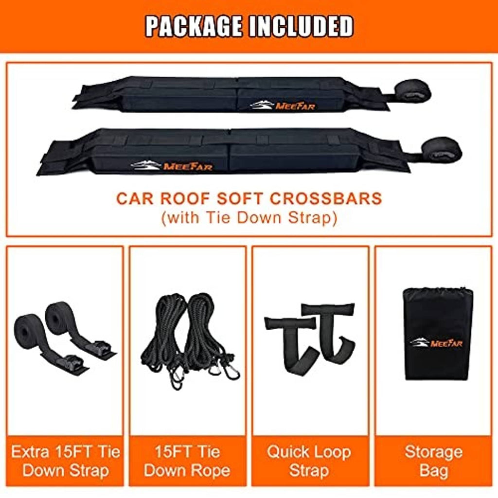 Package contents: two soft car roof crossbar pads, tie-down straps, and storage bag