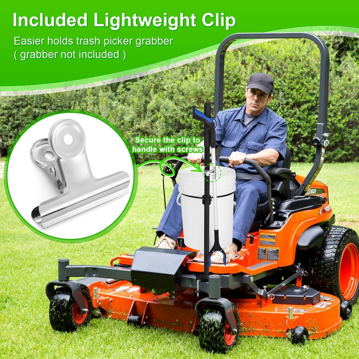 Included lightweight bucket clip with screws and black handle for holding a bucket