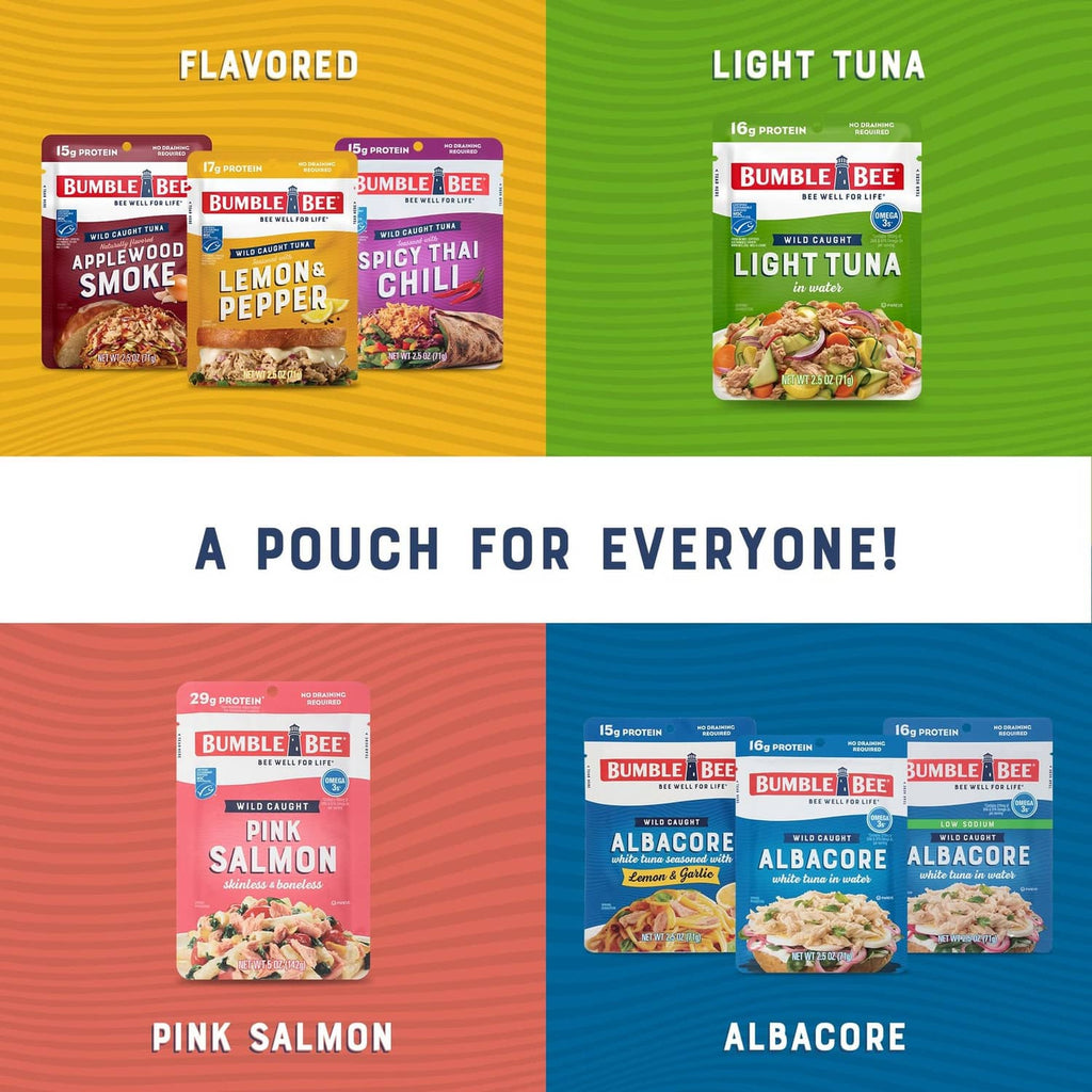Bumble Bee assorted tuna pouches variety display with Pink Salmon and Albacore