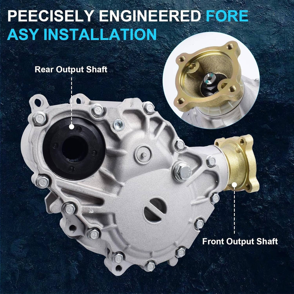 Silver transfer case assembly showing front and rear output shafts with gold flanges