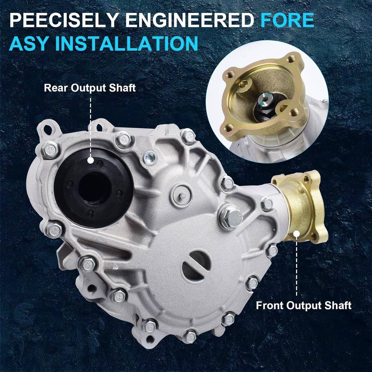 Silver transfer case assembly showing front and rear output shafts with gold flanges