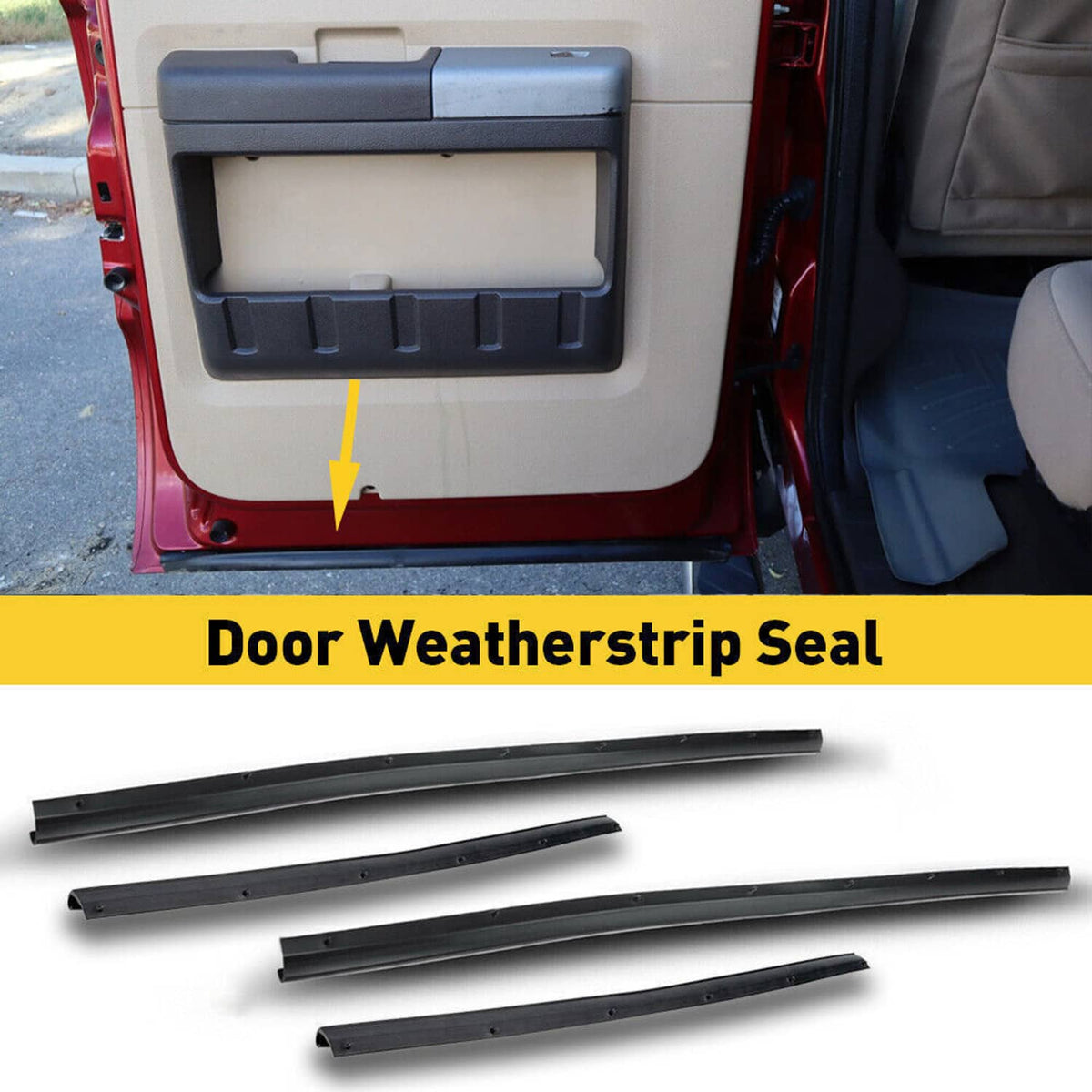 Black door weatherstrip seal strips for lower door edge, multiple pieces