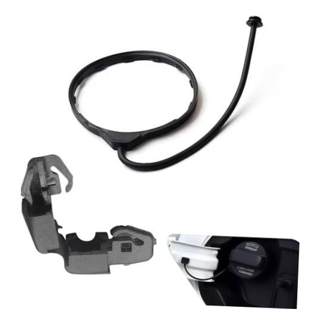 Fuel filler cap tether rope with fuel cap clip, black rope and gray metal latch