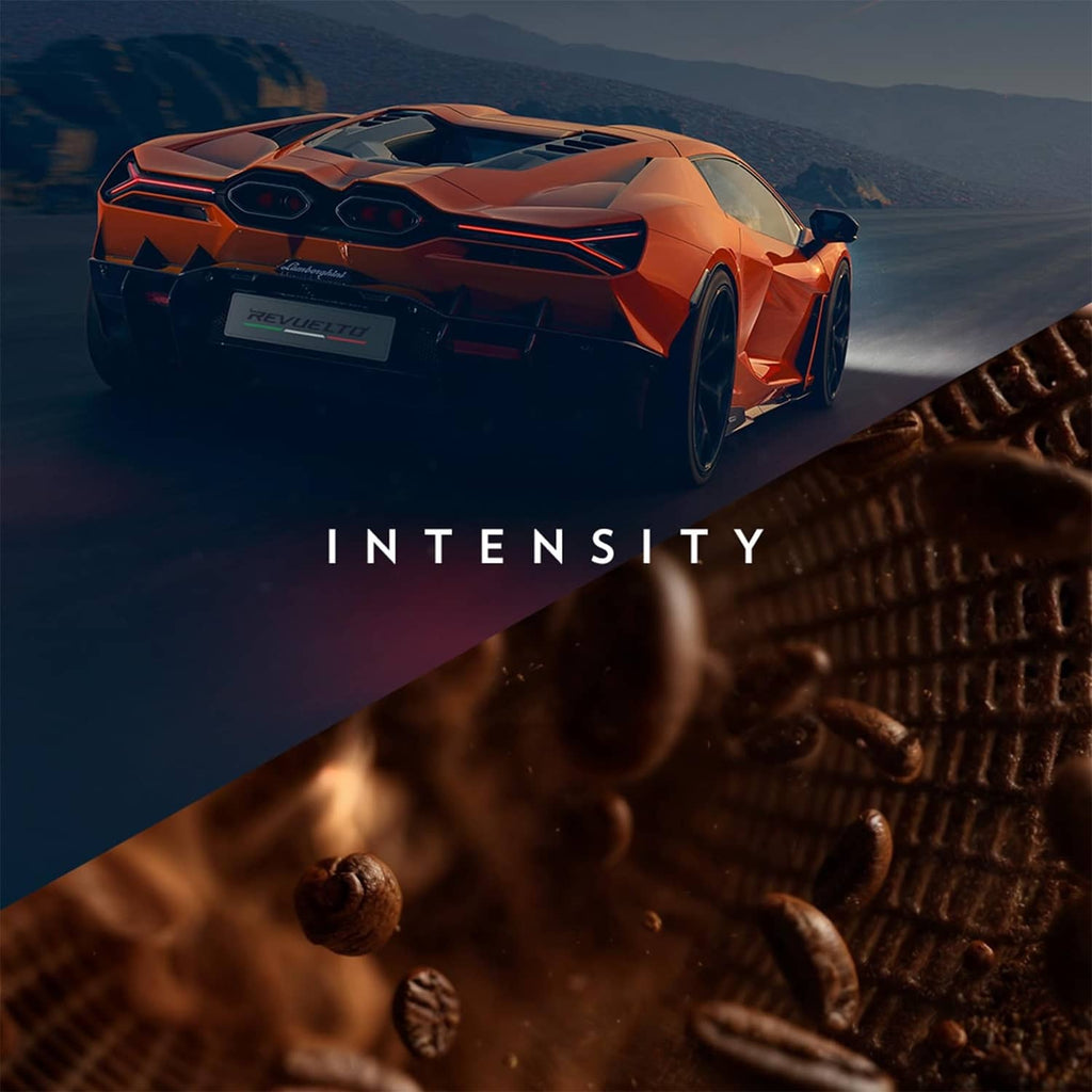 Dark roasted coffee beans on a motion graphic with an orange sports car