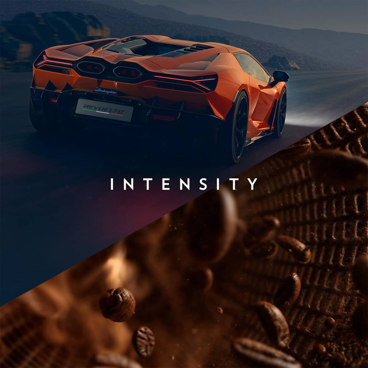 Dark roasted coffee beans on a motion graphic with an orange sports car