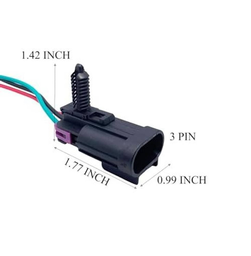 Headlight wiring harness 3-pin connector with size measurements shown in inches