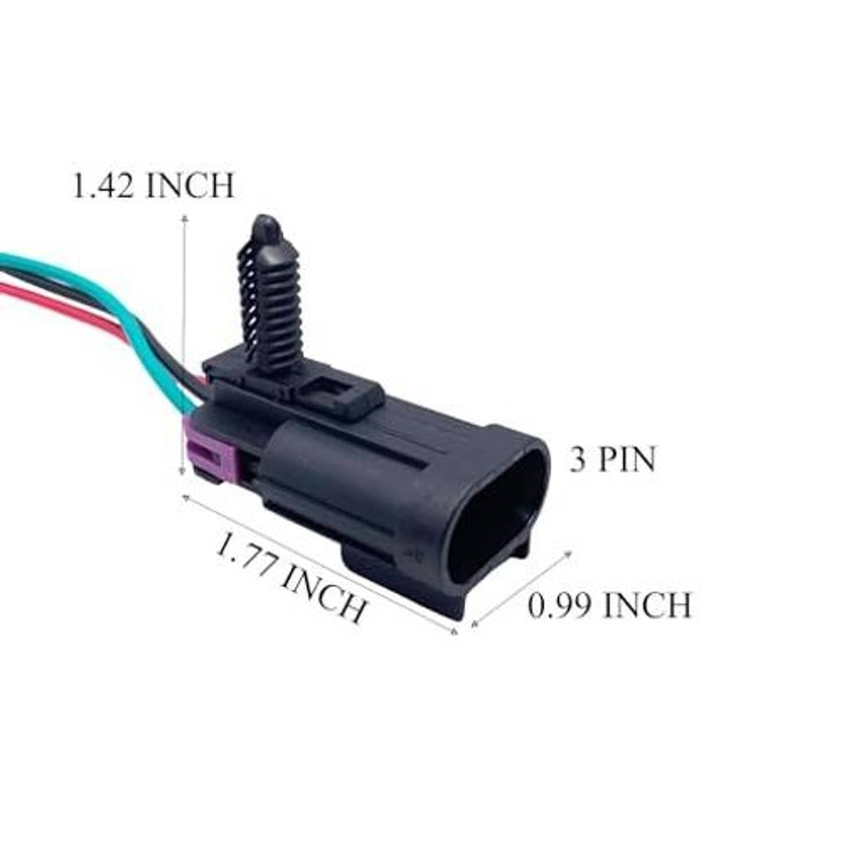 Headlight wiring harness 3-pin connector with size measurements shown in inches
