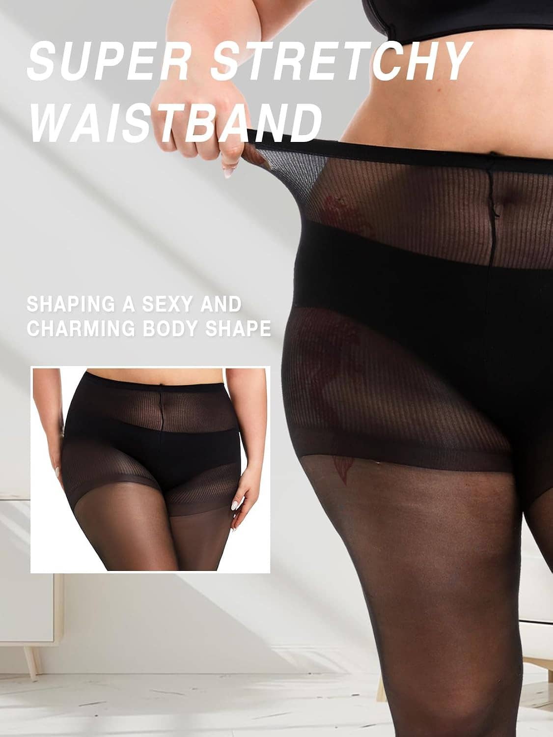 Plus size sheer tights with super-stretch waistband, dark brown sheer pantyhose