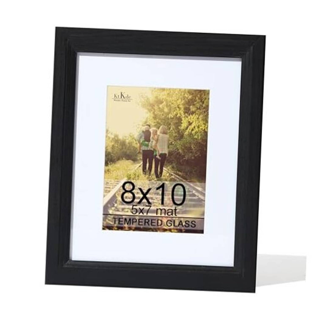 Black woodgrain picture frame with real tempered glass and 8x10 mat opening