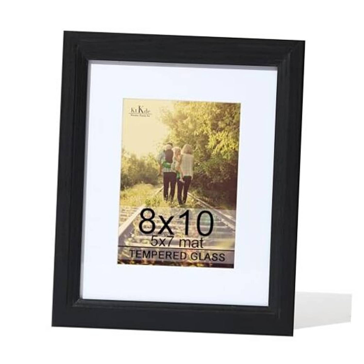 Black woodgrain picture frame with real tempered glass and 8x10 mat opening