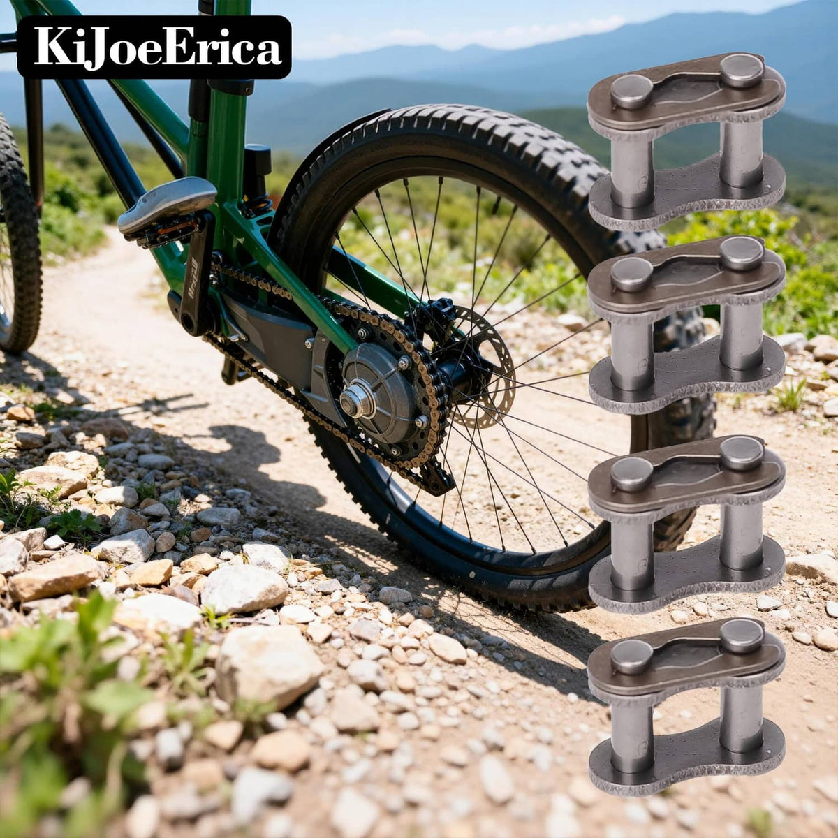 Bike chain master link connector set, steel gray, shown near bicycle rear wheel