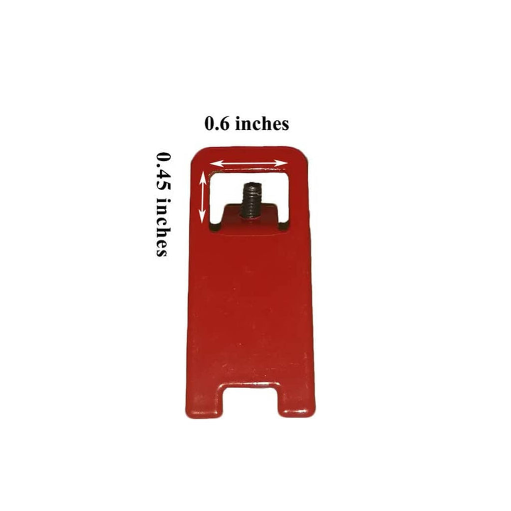 Red fire alarm lockout tag with a black mounting screw and 0.6-inch width