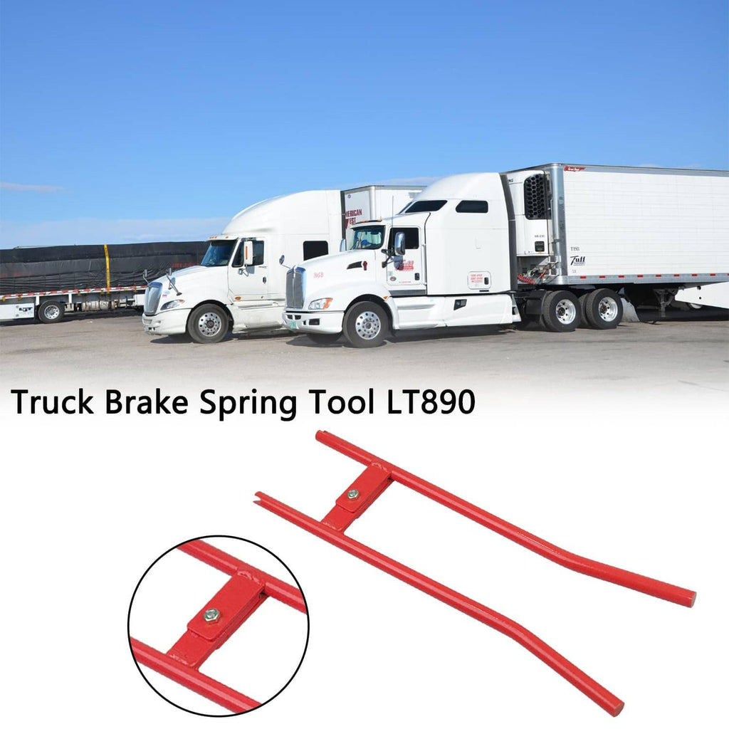 Red truck brake spring tool with adjustable clamp and long handle arms