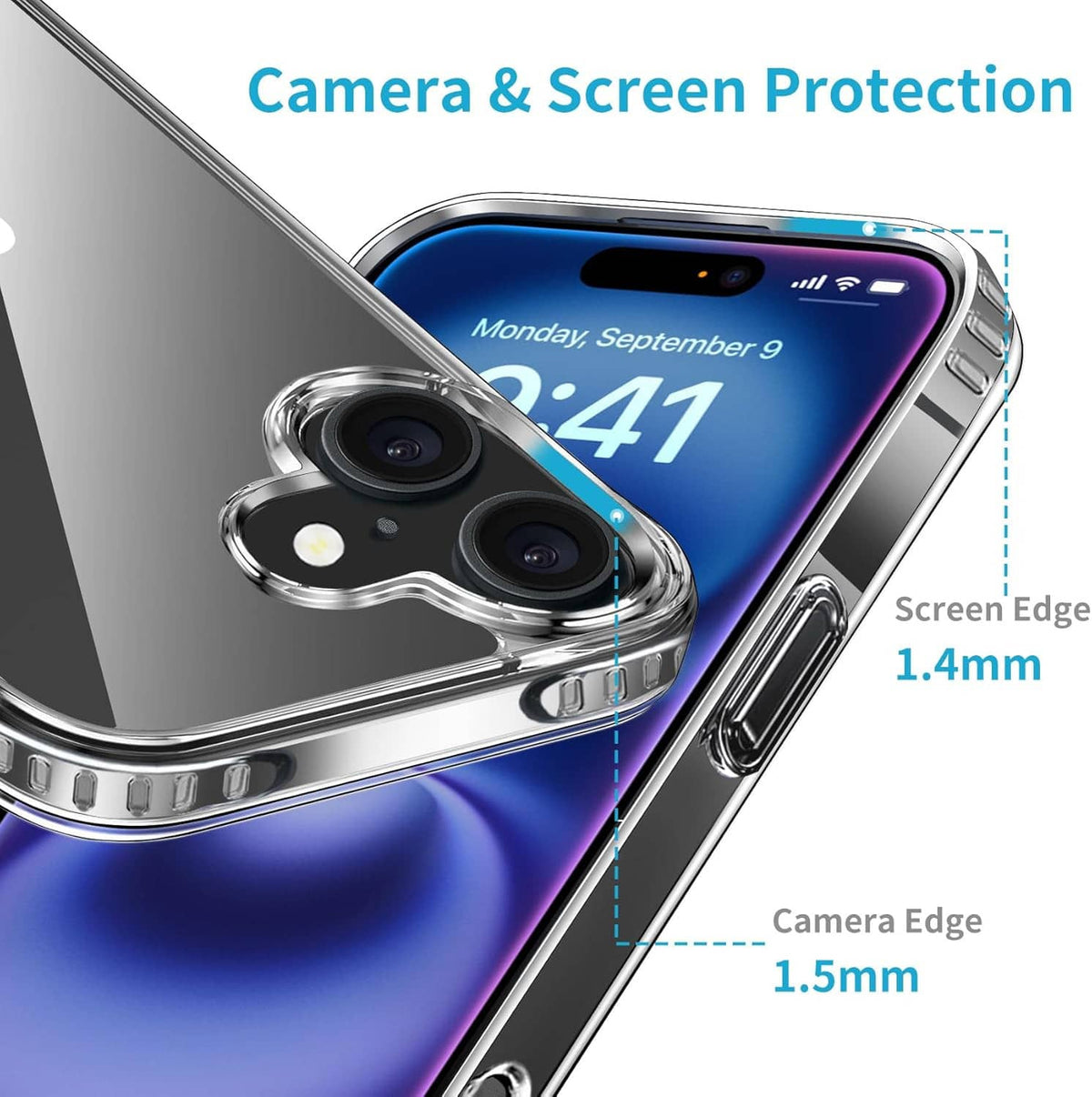 Clear shockproof iPhone 16 Plus case with raised camera and screen-edge protection