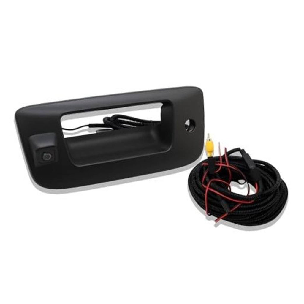 Black tailgate handle backup camera with mounting bracket and wiring harness