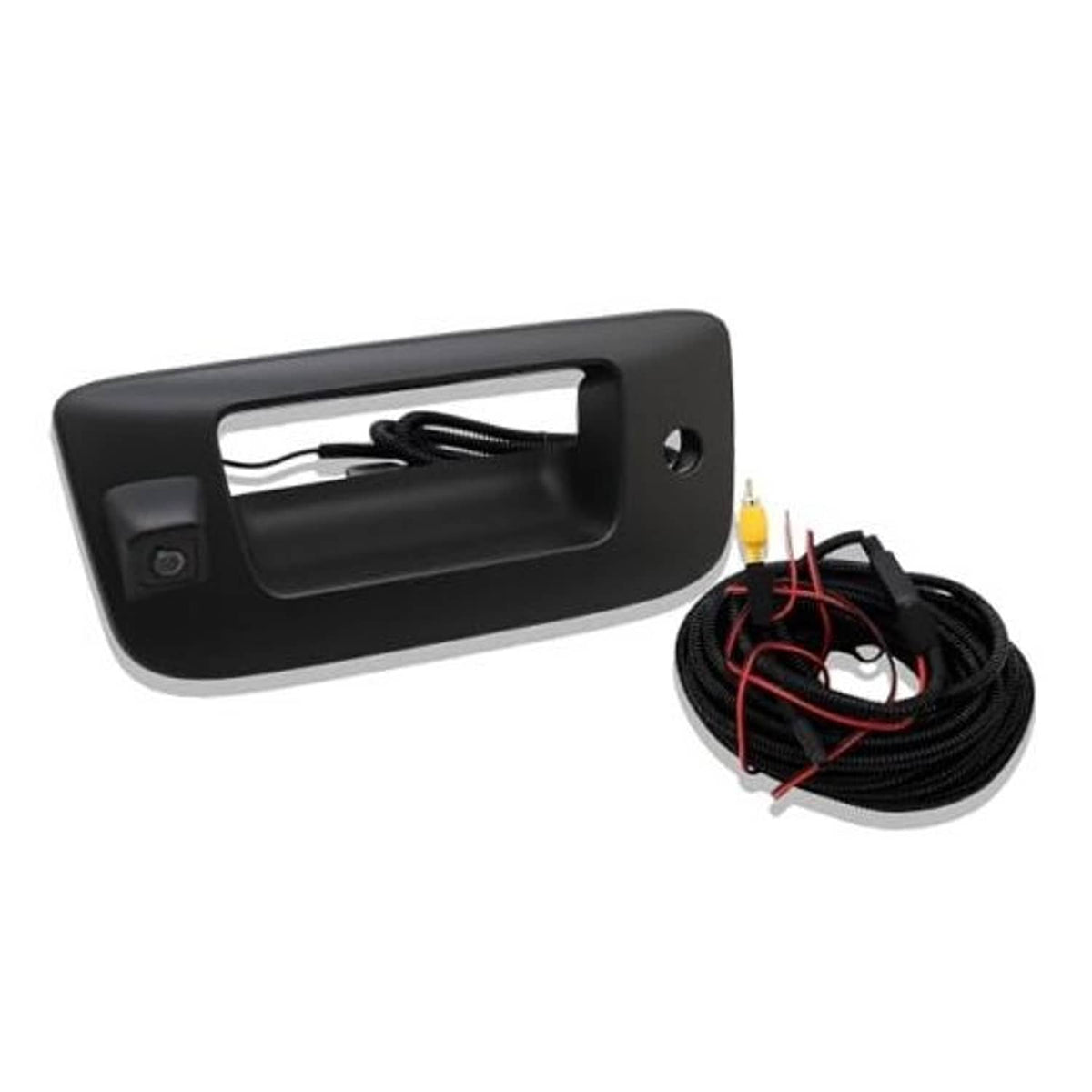 Black tailgate handle backup camera with mounting bracket and wiring harness