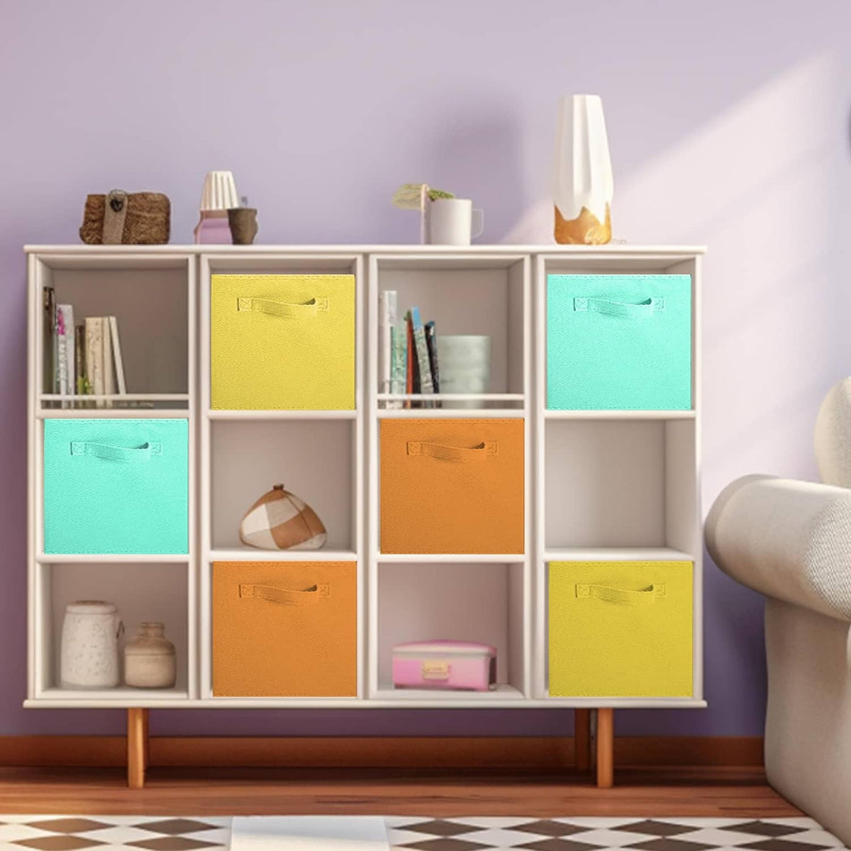 Fabric storage cube organizer with mint, yellow, orange, and teal bins and handles